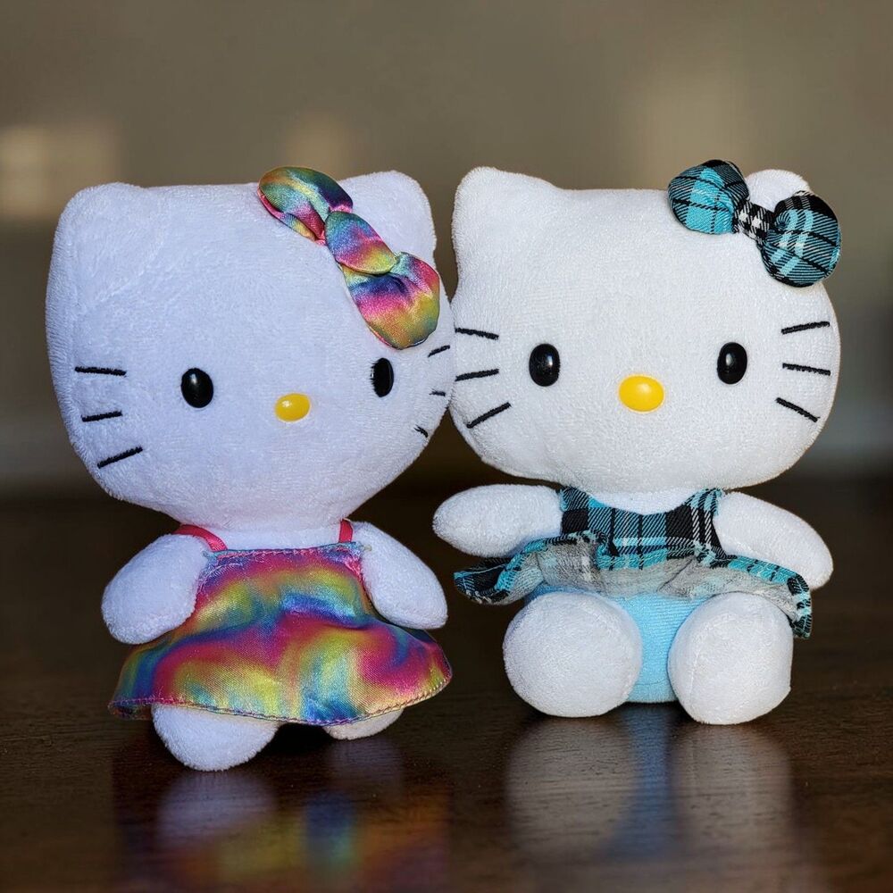 Sanrio Hello Kitty Plush Blue Plaid Rainbow Dress TY Beanie Babies Toy